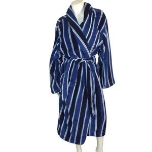 STAFFORD Plush Robe, OS, Two Tone blue Stripes, 3 pockets, Self Tie belt, Poly